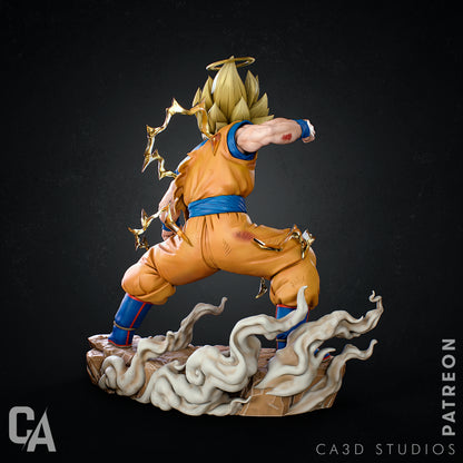 Rear view of Goku in battle-worn gi, showing lightning effects and flowing smoke around the base as he prepares for action.