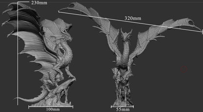 Measurement view of the Gold Dragon figurine highlighting its 320mm wingspan and towering 230mm height, ideal for tabletop epic bosses.