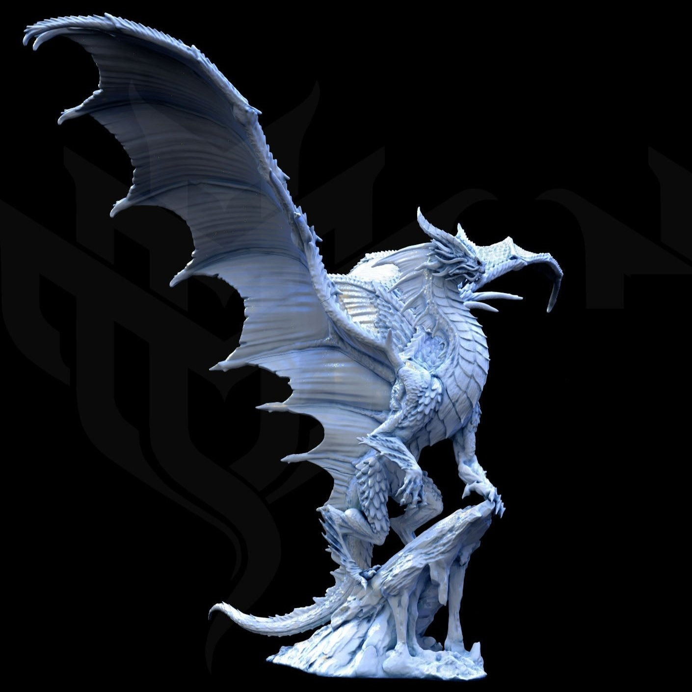 A majestic Gold Dragon figurine standing with wings outstretched, armored scales, and perched atop an icy terrain, perfect for Dungeons & Dragons or Pathfinder.