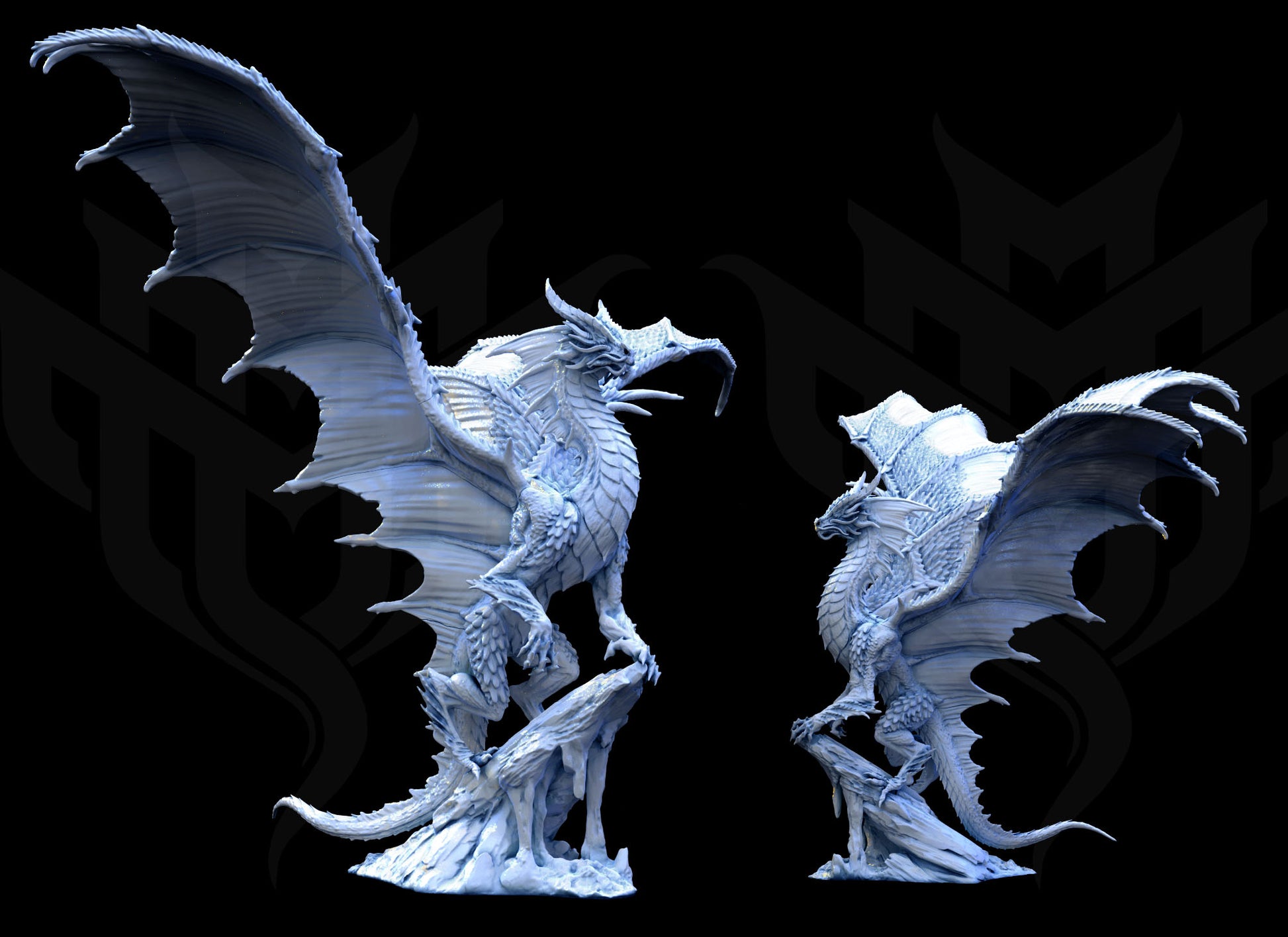 Multiple views of the Gold Dragon model, featuring its imposing wingspan, sculpted scales, and dynamic presence on icy terrain.