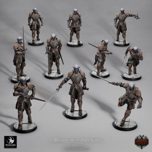 Graveward Legion soldiers group image showing ten undead armored warriors in various combat stances with swords and shields, posed on stone-pattern bases; suitable for Dungeons & Dragons, Pathfinder, and fantasy TTRPG undead encounters.