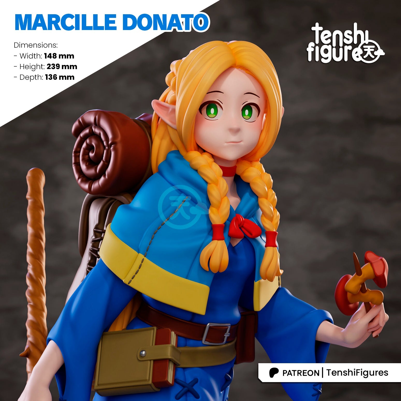 Marcille Donato Delicious in Dungeon 1:7 scale figure front view holding mushrooms with travel staff backpack and cloak display collectible