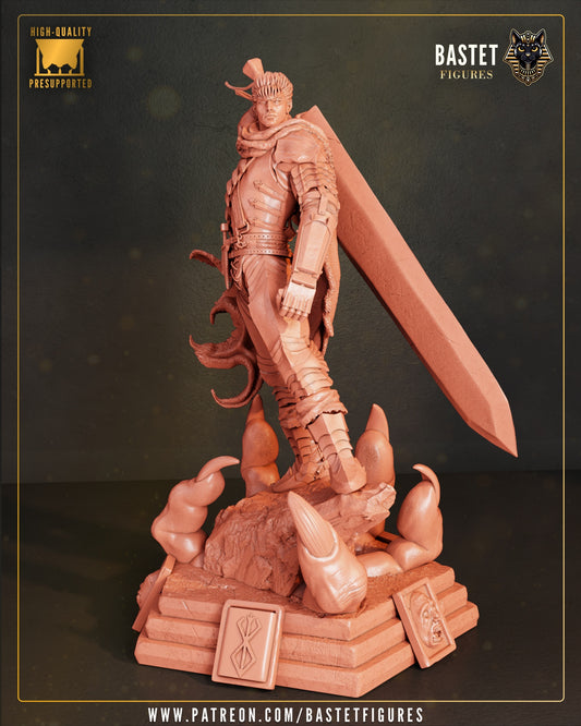 Guts Berserk Black Swordsman resin statue front view unpainted armored warrior dragon slayer prosthetic arm anime collectible