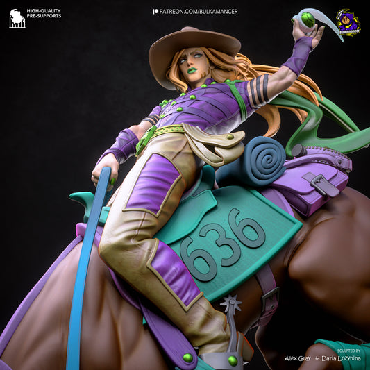 Gyro Zeppeli JoJos Bizarre Adventure Steel Ball Run 1:8 scale resin statue painted front view with horse pose and steel ball