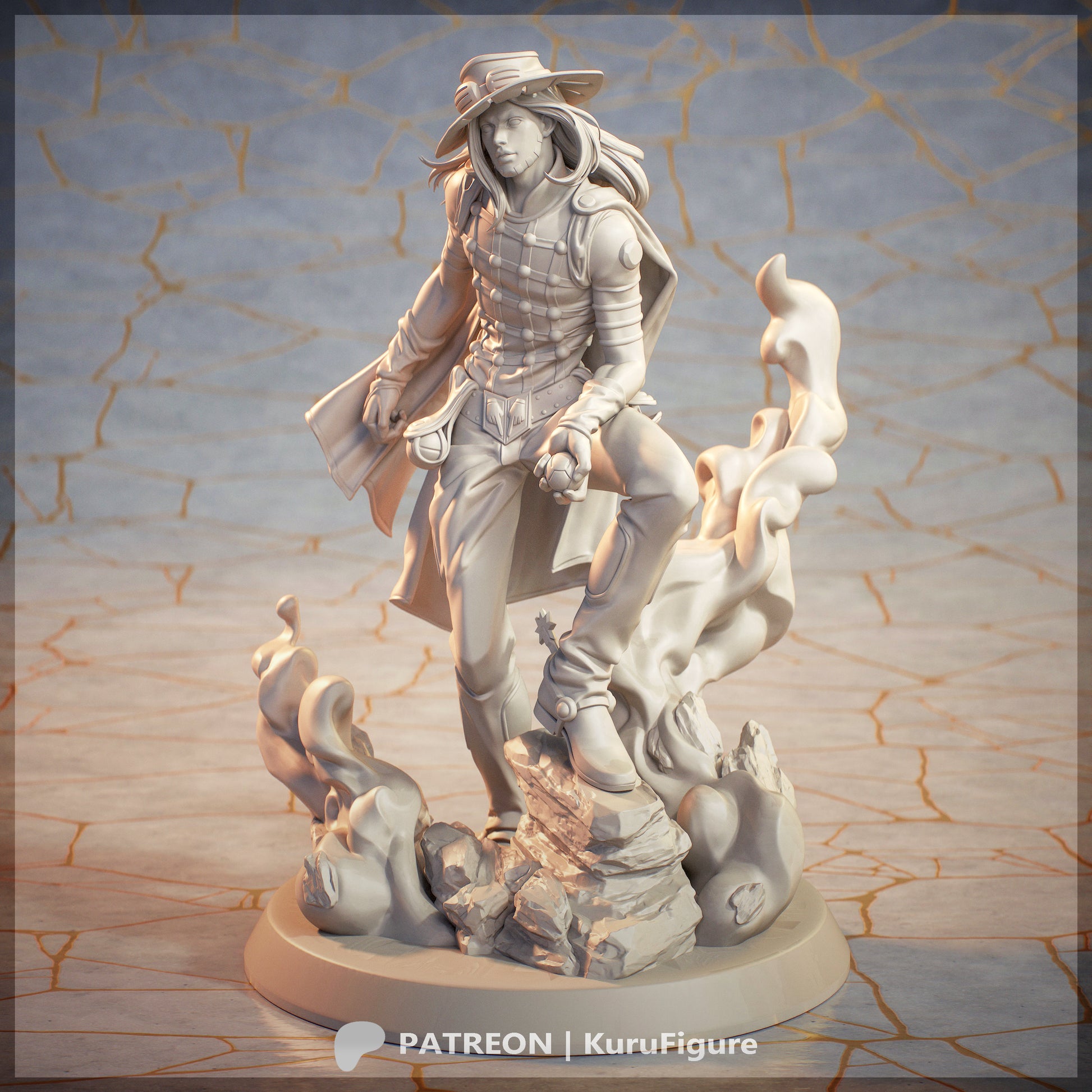 Gyro Zeppeli JoJos Bizarre Adventure unpainted clay render 1:7 scale resin statue with steel ball stance rocky terrain and smoke effects
