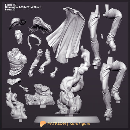 Gyro Zeppeli JoJos Bizarre Adventure exploded parts layout for 1:7 scale resin statue showing cape smoke base hair and body components