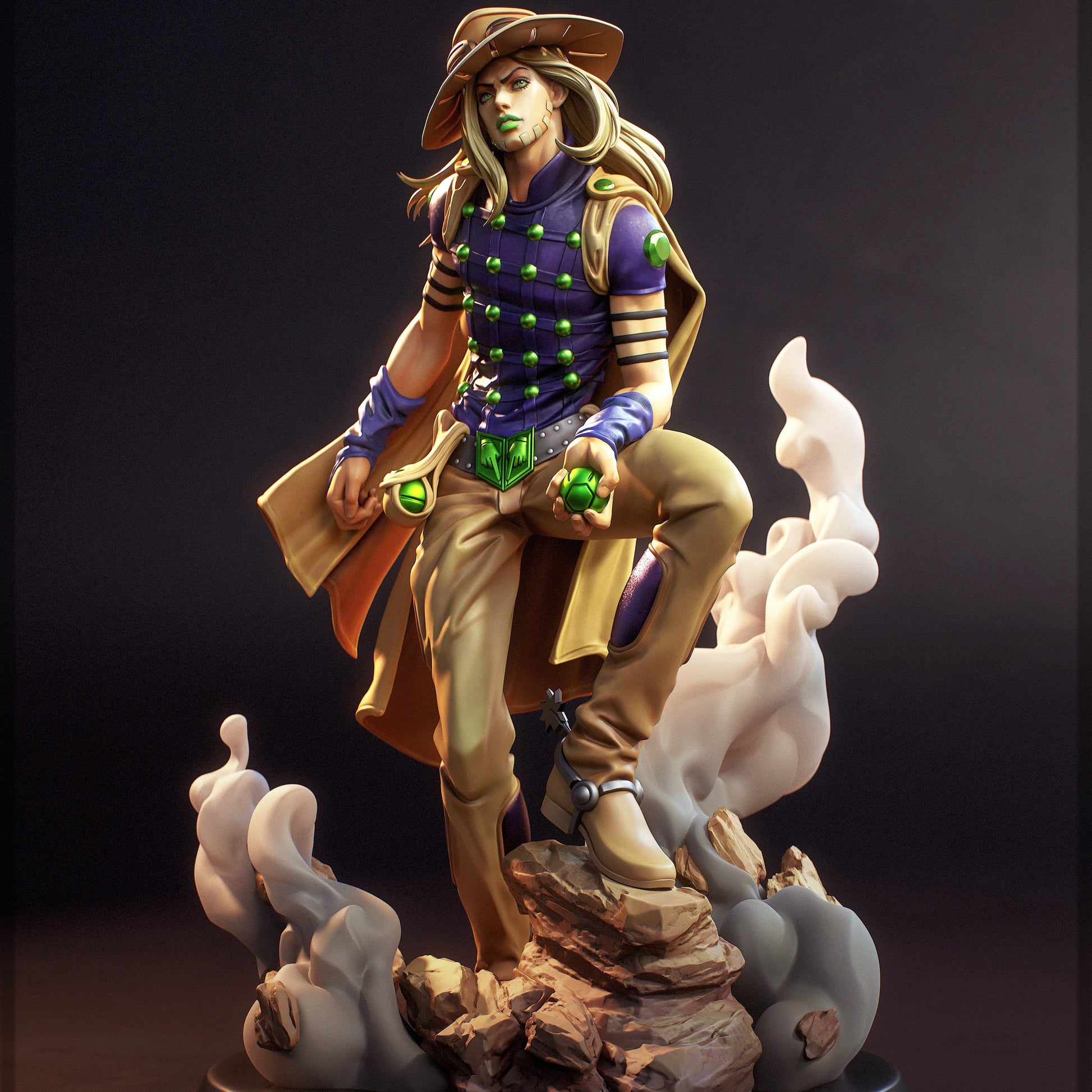 Gyro Zeppeli JoJos Bizarre Adventure Steel Ball Run 1:7 scale resin statue painted front render with steel ball pose smoke effects and rocky base