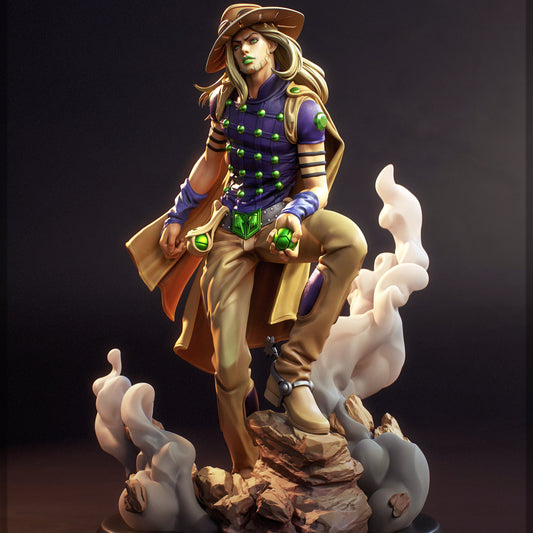 Gyro Zeppeli JoJos Bizarre Adventure Steel Ball Run 1:7 scale resin statue painted front render with steel ball pose smoke effects and rocky base