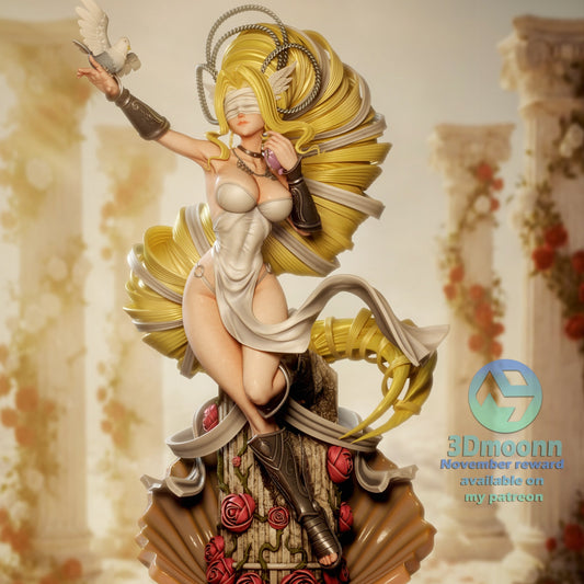 Venusmon full view with outstretched arm releasing a dove, blindfolded, wearing a sleek white dress and ornate boots, posed atop a decorative shell base.