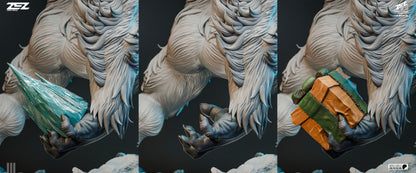 Yeti statue interchangeable hands shown with ice crystal and alternate clenched pose, monster accessory options