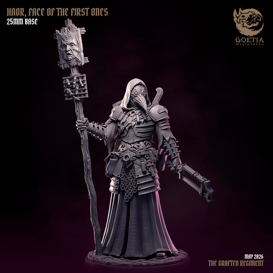 Haor Face of the First Ones human cleric resin tabletop miniature with plague doctor mask ritual staff gothic armor and surgical blade grimdark Dungeons and Dragons Mork Borg Shadowdark miniature