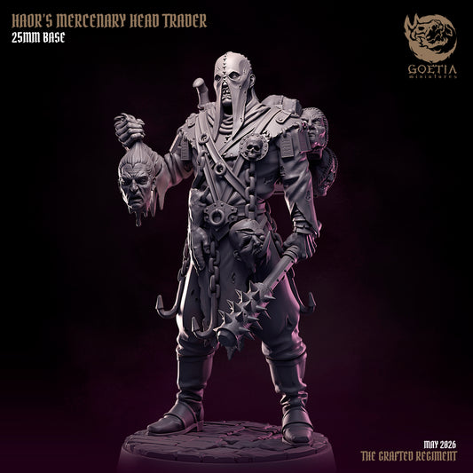 Haors Mercenary Head Trader undead mercenary resin tabletop miniature holding severed head with spiked mace chains hooks stitched clothing and corpse mask grimdark Dungeons and Dragons Mork Borg Shadowdark miniature