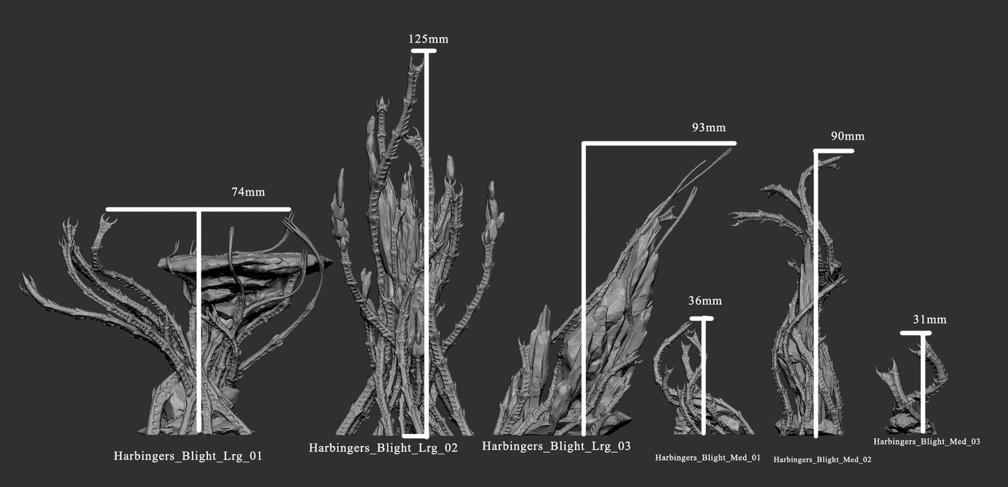 Harbinger Blight size reference showing measurements for large (74mm, 125mm, 93mm) and medium (36mm, 90mm, 31mm) models.