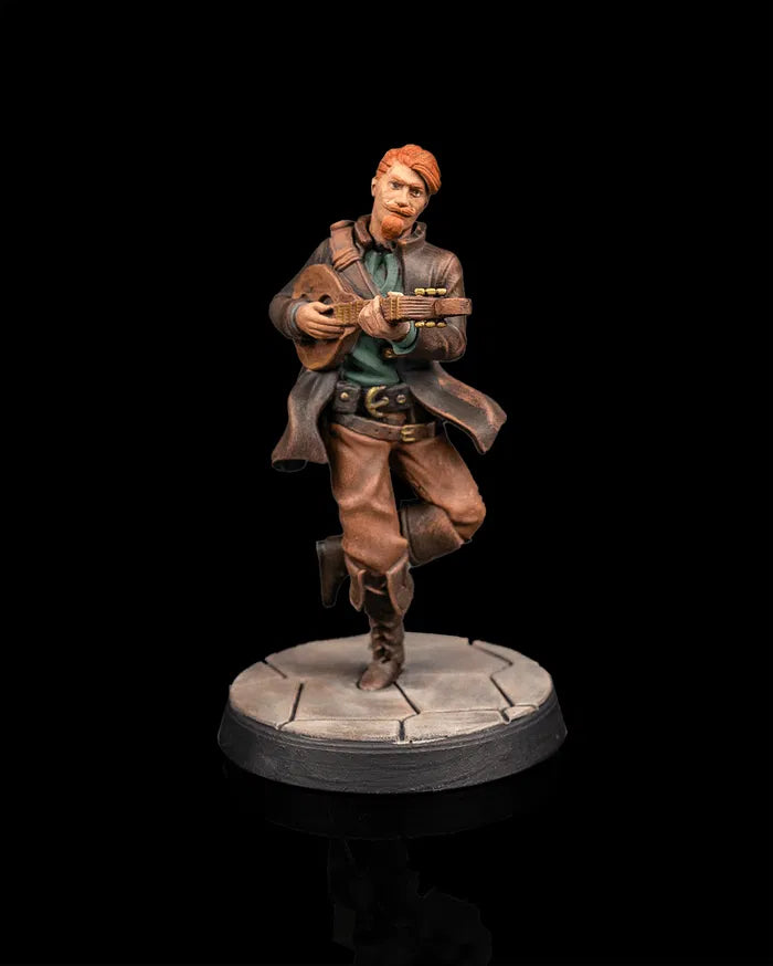 Human bard hero miniature front view from Beldrad's Bag of Beasts playing a lute, wearing traveler's clothing, confident stance, and expressive performance pose inspired by Dungeons & Dragons Honor Among Thieves