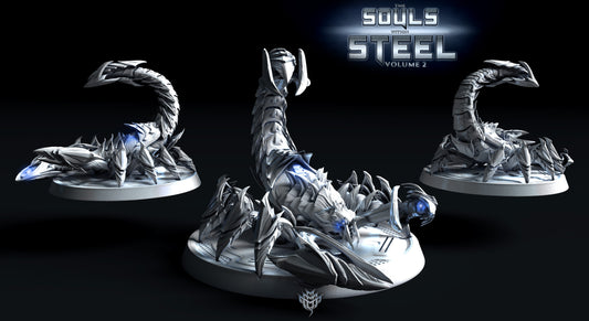 Harvestman Swarf Pose 1 in a forward striking stance with legs braced and tail arched. Includes spiked armor plates and glowing eyes, set on a flat 100mm sci-fi base.