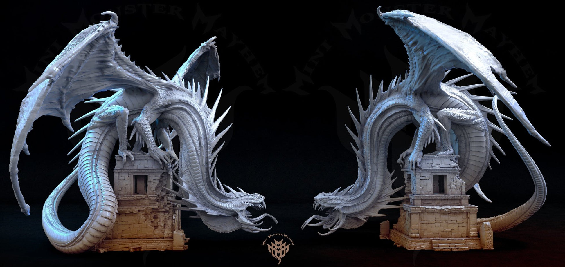 Two angles of the Heavenly Ophidian miniature, highlighting its majestic wingspan, winding tail, and towering presence atop temple ruins.