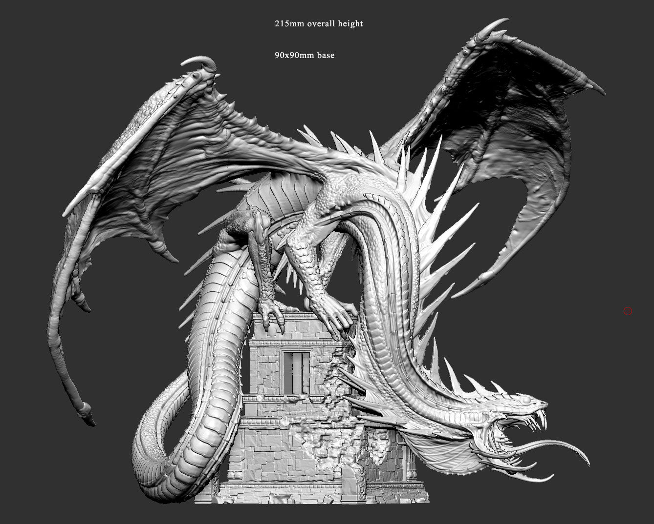 Heavenly Ophidian scale reference showing its impressive 215mm height and 90x90mm base, showcasing intricate wings and coiled tail.