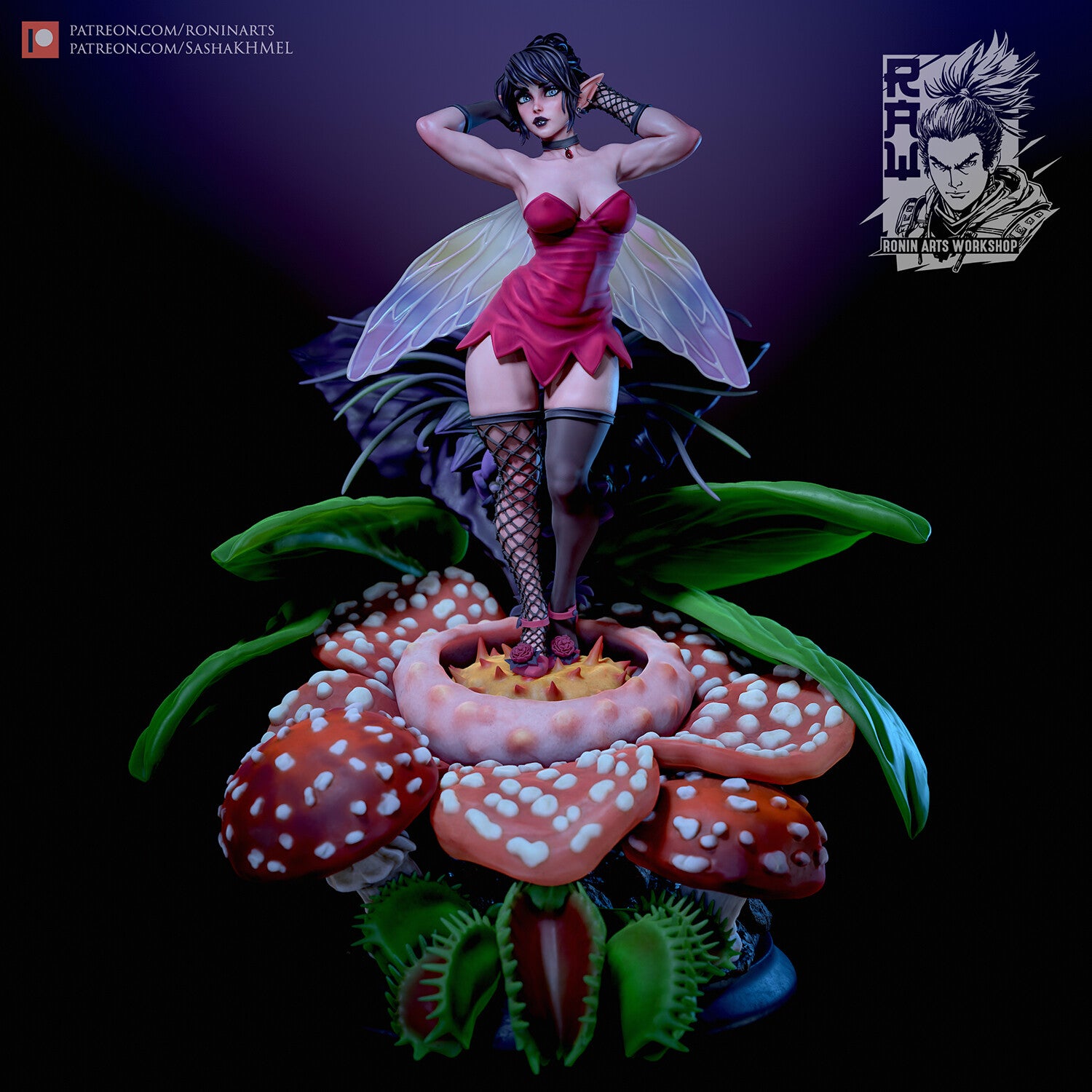 Vita Fairy miniature standing on carnivorous plants with fairy wings and a red dress, surrounded by detailed foliage.