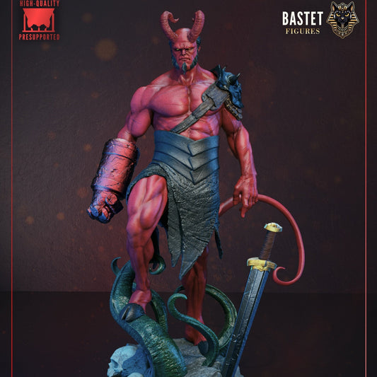 Hellboy 1:8 scale figure from Dark Horse Comics standing on skull base with stone right hand, long sword, tail, and muscular demon anatomy