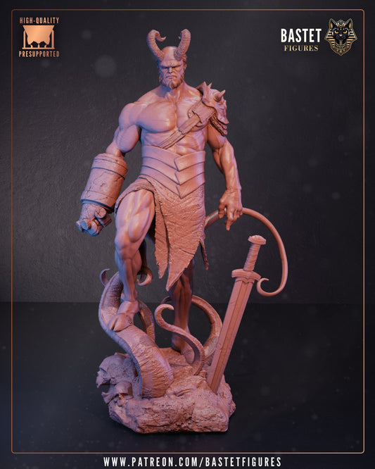 Hellboy statue unpainted front view showing sawn-off horns, stone fist, shoulder armor strap, sword, and detailed anatomy
