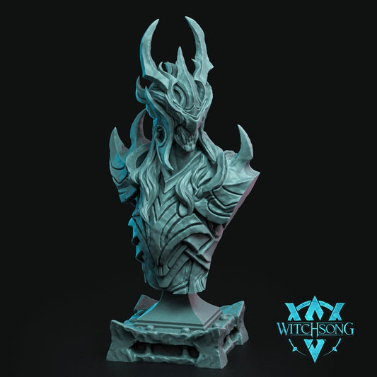 Herald of Lilith demon bust resin display model featuring a horned infernal helm layered abyssal armor flowing hair details and dark fantasy demon styling for Dungeons and Dragons collectors