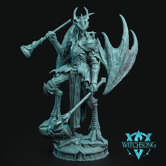 Herald of Lilith demon resin miniature with massive bladed wings infernal armor skeletal legs dual polearms and abyssal champion styling for Dungeons and Dragons Pathfinder and grimdark tabletop RPGs