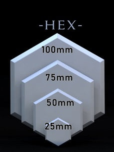 Display of hexagonal miniature bases ranging from 25mm to 100mm, suitable for custom miniature displays in TTRPGs like Pathfinder and Warhammer.