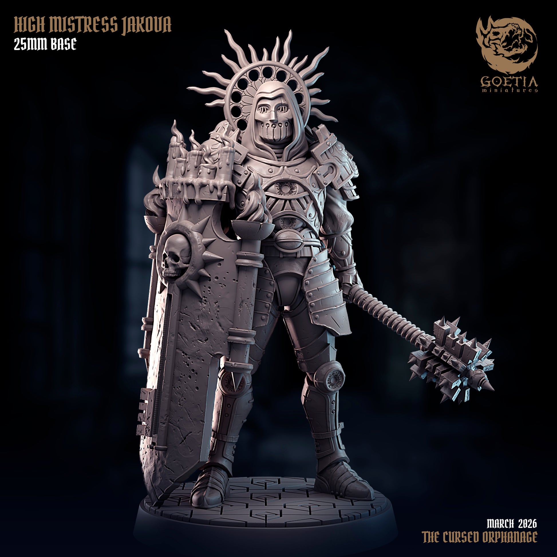 High Mistress Jakova human cleric fighter resin tabletop miniature with giant shield spiked mace ritual armor holy halo grimdark Dungeons and Dragons miniature dark fantasy RPG warrior