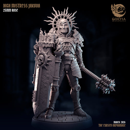 High Mistress Jakova human cleric fighter resin tabletop miniature with giant shield spiked mace ritual armor holy halo grimdark Dungeons and Dragons miniature dark fantasy RPG warrior