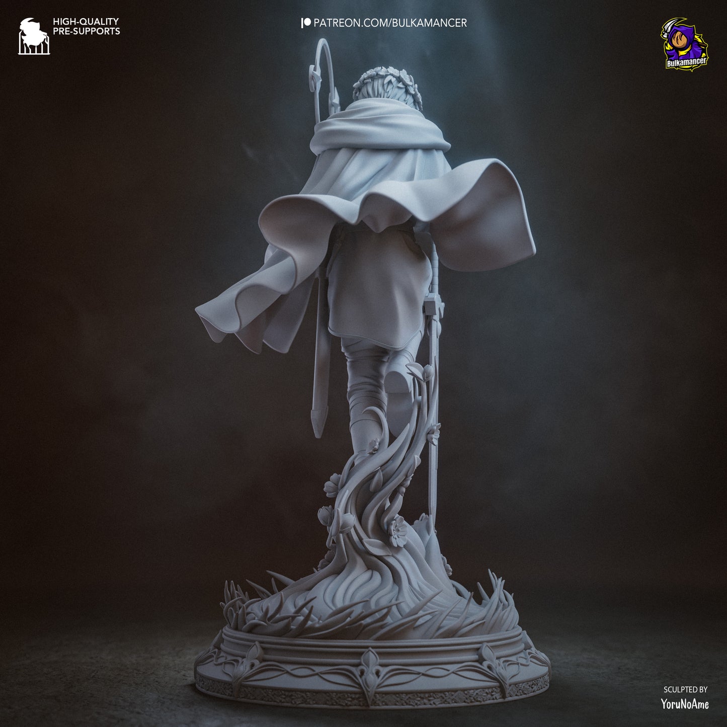 Himmel resin statue back view, flowing cloak detail, sword support pose, anime collectible Frieren
