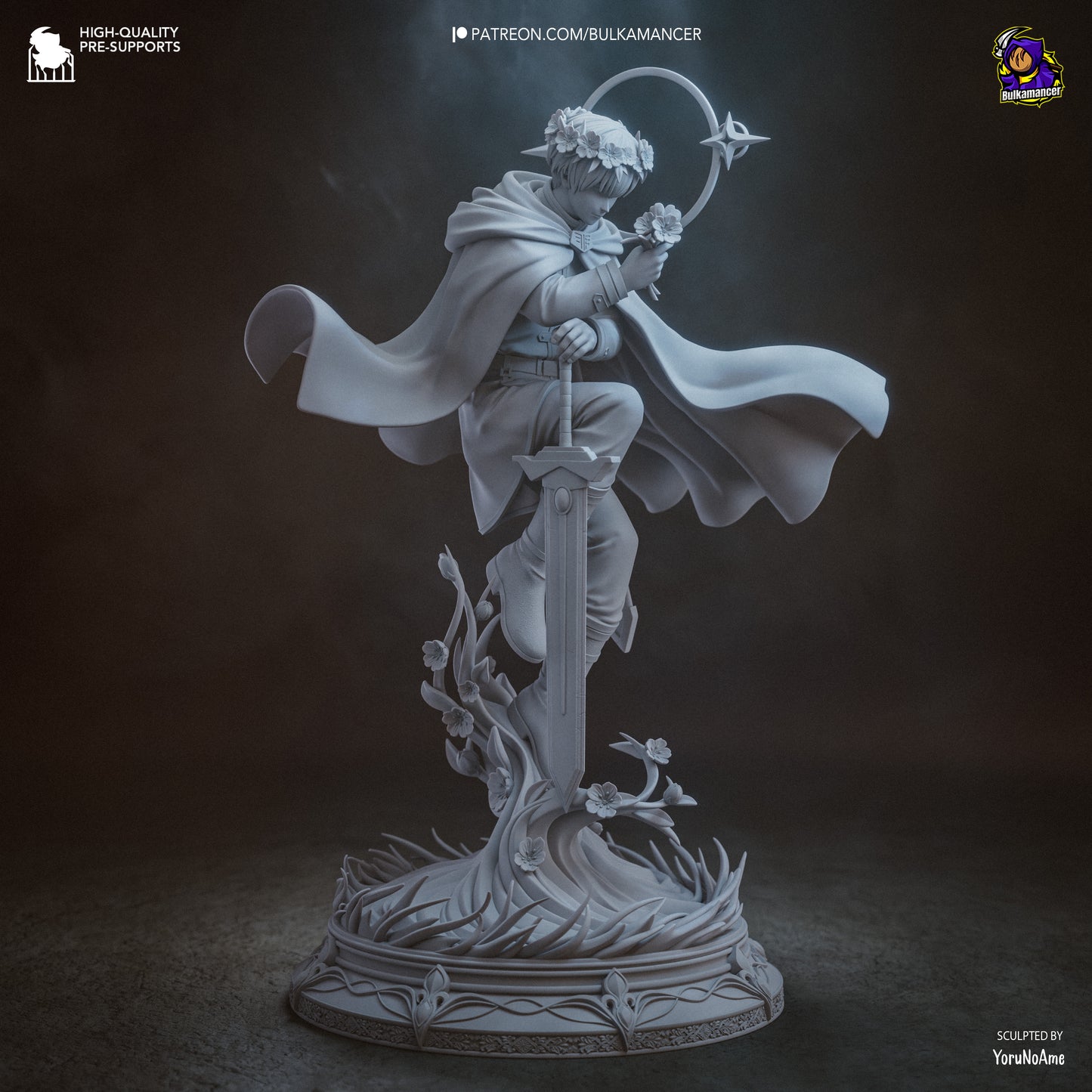 Himmel resin statue front pose, anime hero holding flower, sword planted base, Frieren Beyond Journeys End figure