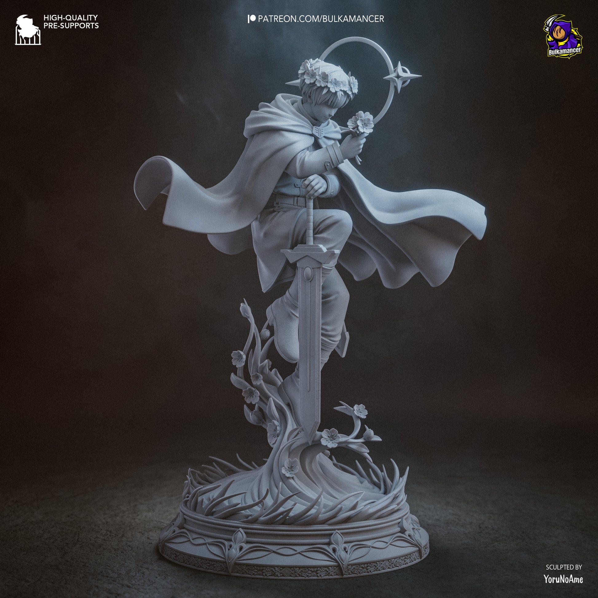 Himmel resin statue front pose, anime hero holding flower, sword planted base, Frieren Beyond Journeys End figure