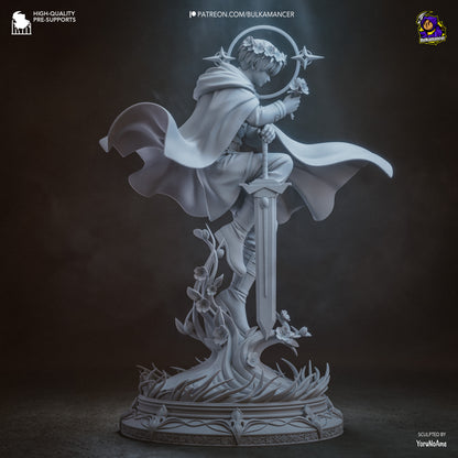 Himmel resin statue side view, kneeling pose with sword, flowing cloak sculpt, anime hero collectible Frieren