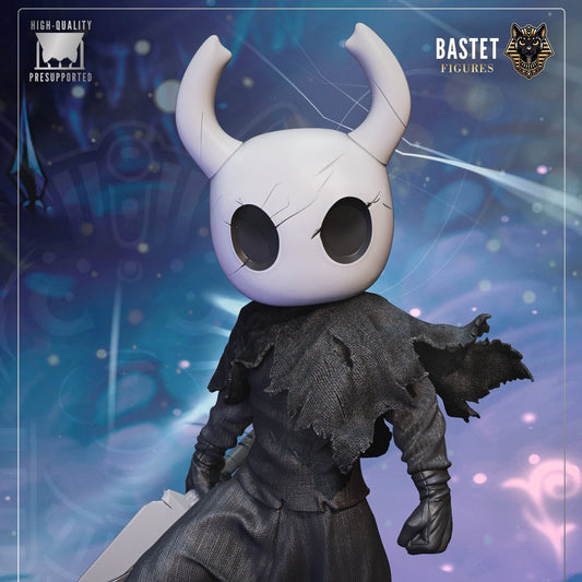 Painted Render of Hollow Knight display figure featuring horned mask, dark tunic, nail weapon, and atmospheric fantasy base