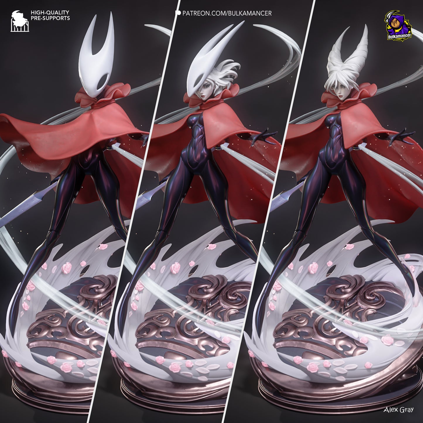 Hornyt Silksong figure collage – three pose comparison showing masked, unmasked, and horned versions on ornate base.