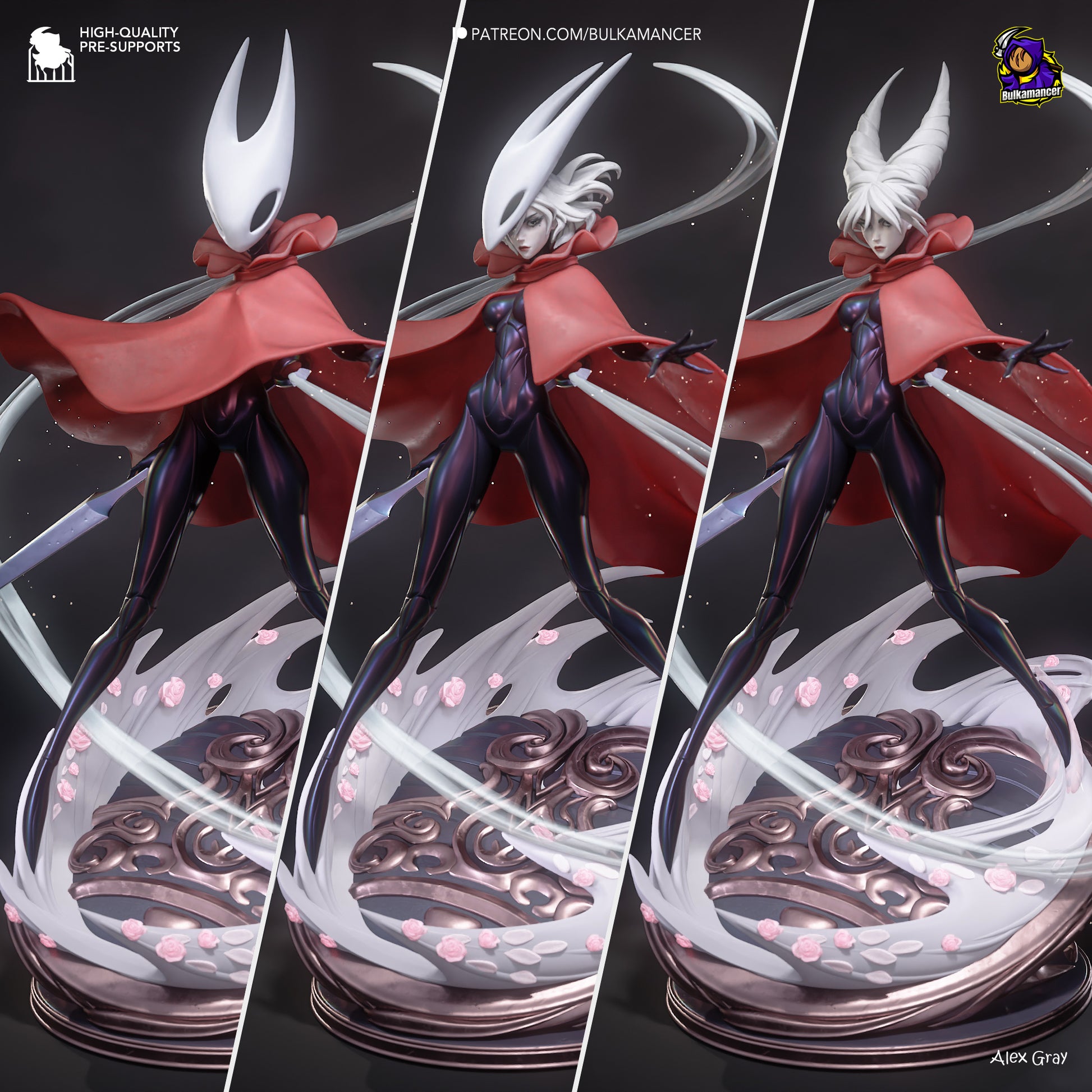 Hornyt Silksong figure collage – three pose comparison showing masked, unmasked, and horned versions on ornate base.