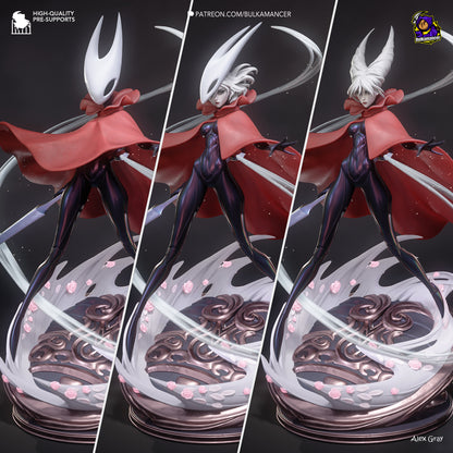 Hornyt Silksong figure collage – three pose comparison showing masked, unmasked, and horned versions on ornate base.