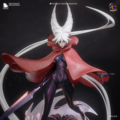 Hornyt Silksong collectible variant – 1:8 scale statue featuring alternate horned hairstyle, red cloak, and poised stance.