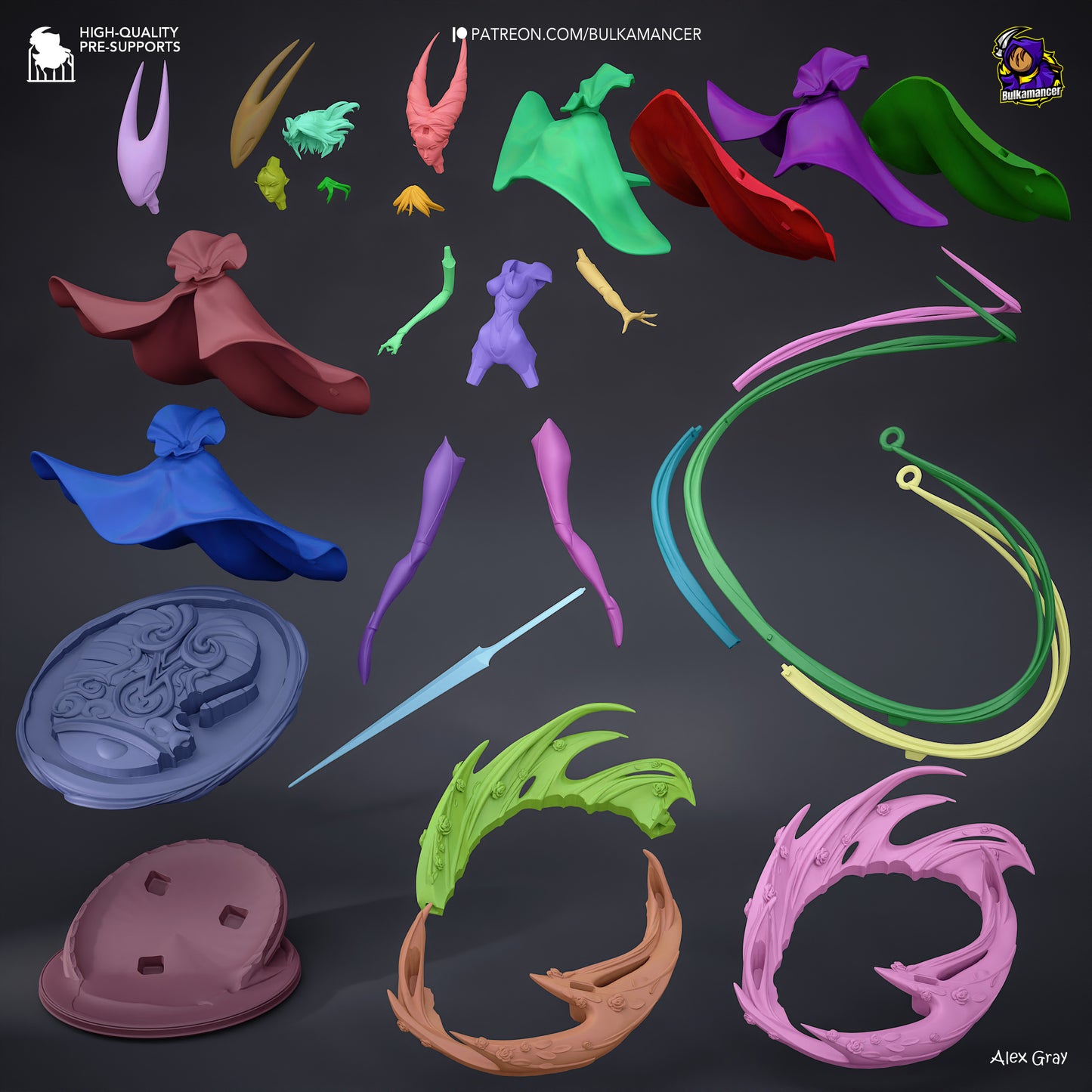 Hornyt Silksong model parts layout – exploded view of modular components including body, cloak, sword, and decorative base.