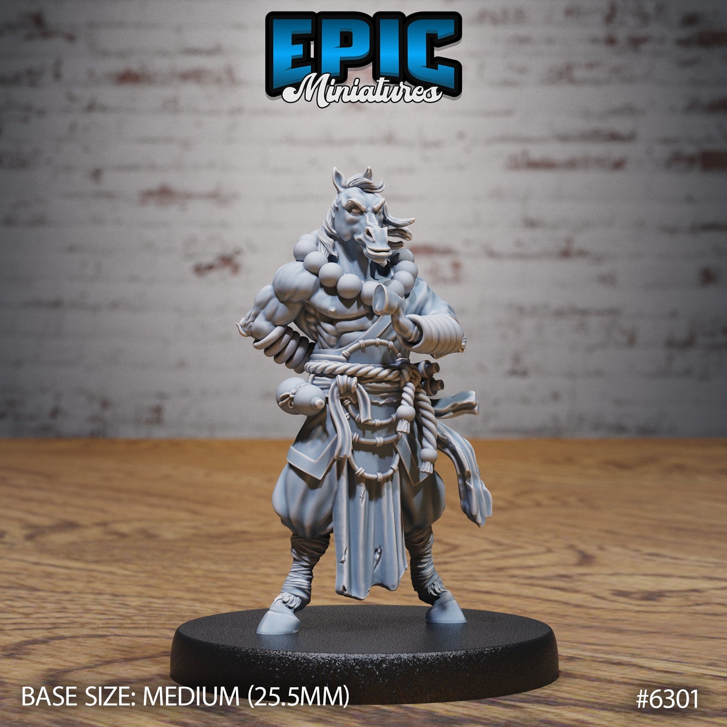 horsefolk monk resin tabletop miniature anthropomorphic horse martial artist standing in calm ready stance with prayer beads