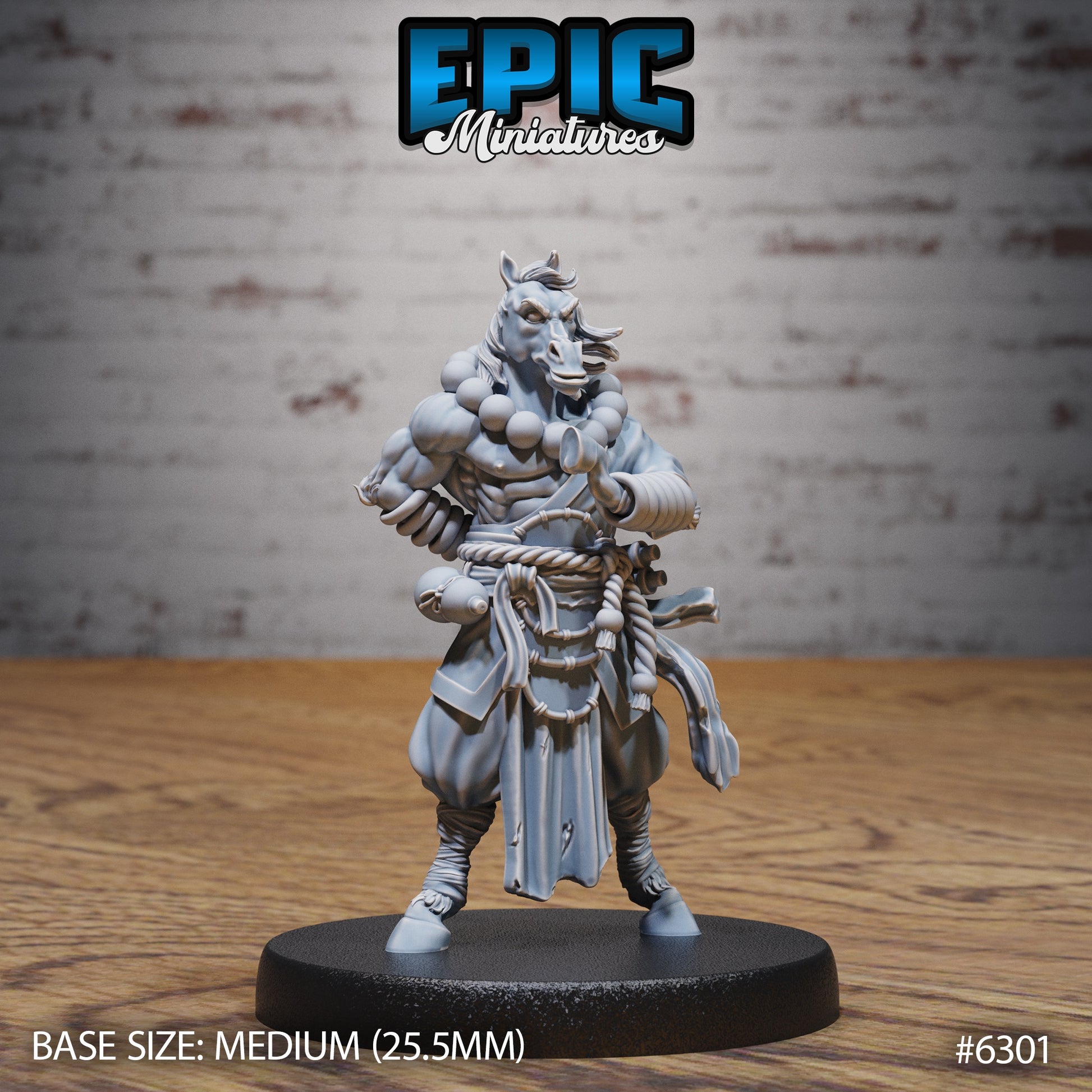 horsefolk monk resin tabletop miniature anthropomorphic horse martial artist standing in calm ready stance with prayer beads