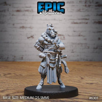 horsefolk monk resin tabletop miniature anthropomorphic horse martial artist standing in calm ready stance with prayer beads