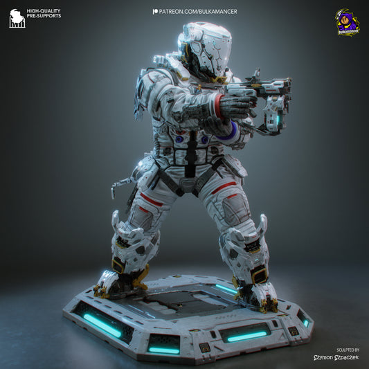 Hugh Pragmata 1:8 scale resin statue painted render featuring futuristic astronaut armor and sci fi weapon pose