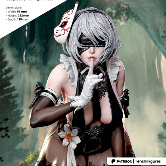 Front view of YoRHa No.2 Type B figure in Stellar Blade costume posed with finger to lips, 1:7 scale collectible.