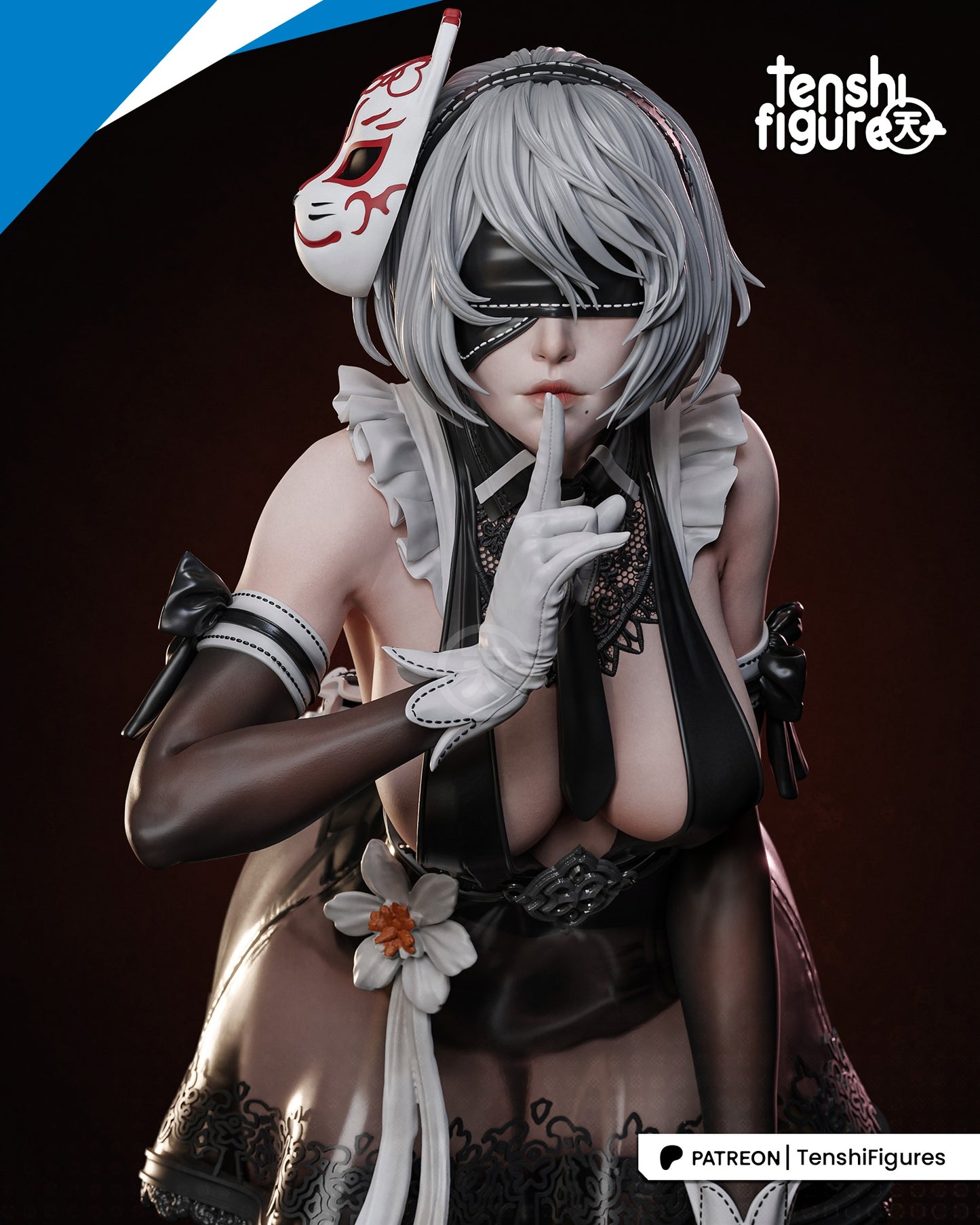 Close-up of YoRHa No.2 Type B in Stellar Blade attire with blindfold and fox mask detail.