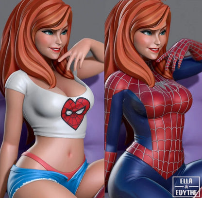 Close-up of Mary Jane Watson in her casual Spider-Man-themed attire and Spider-Man suit.