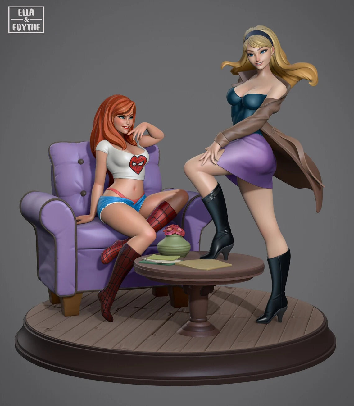 Display of Mary Jane and Gwen Stacy figurines posed on a round base with furniture.