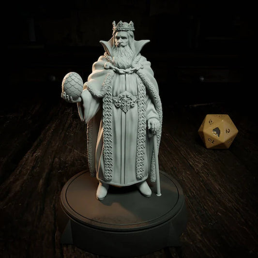 King Melian, the bearded monarch with a regal crown and flowing robes, holds a mysterious egg-like object, standing with the authority of a ruler who’s seen it all.