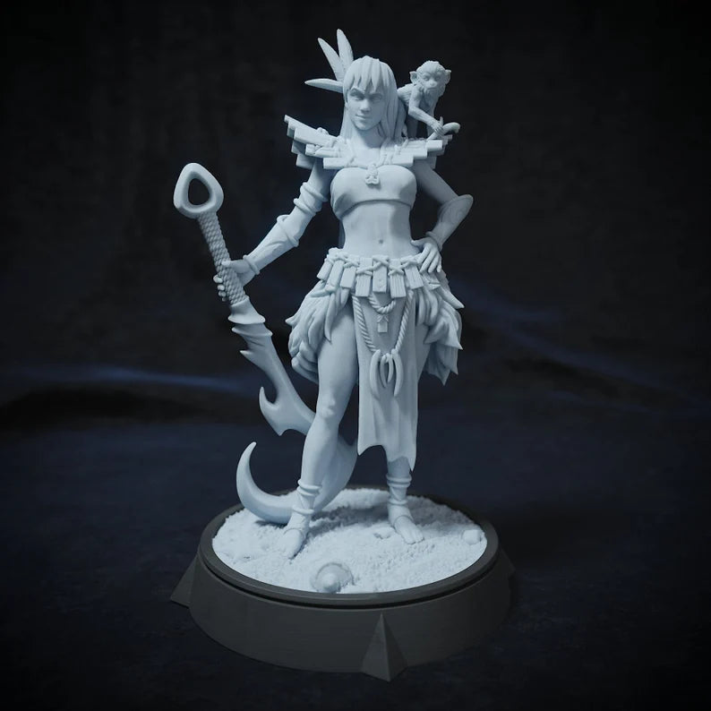 Nala Seaborn, a female druid miniature, stands confidently with a staff in one hand and her monkey familiar perched on her shoulder. Wearing tribal attire adorned with feathers and shells, she exudes a strong, mystical presence perfect for ocean-themed D&D or Pathfinder adventures.