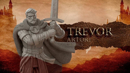 Close-up of Trevor Astorio miniature holding a sword with intricate details, wearing a cloak and armor.